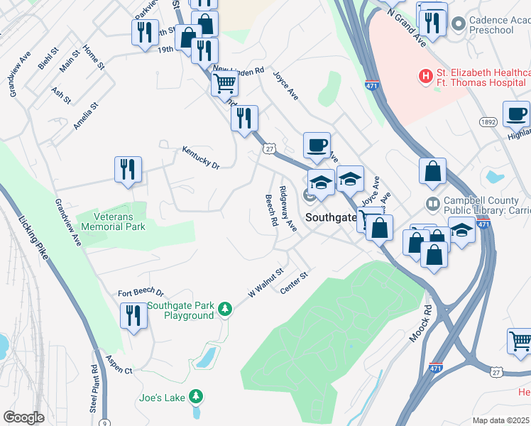 map of restaurants, bars, coffee shops, grocery stores, and more near 132 Harvard Place in Southgate