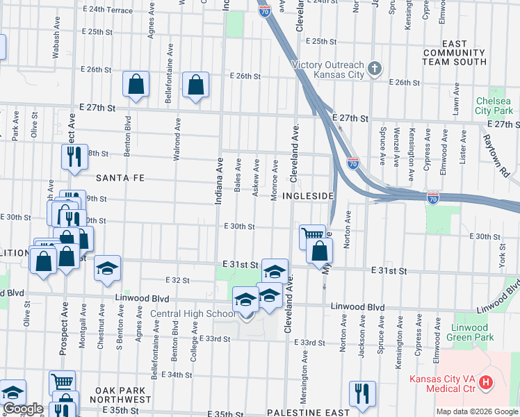 map of restaurants, bars, coffee shops, grocery stores, and more near 2922 Monroe Avenue in Kansas City