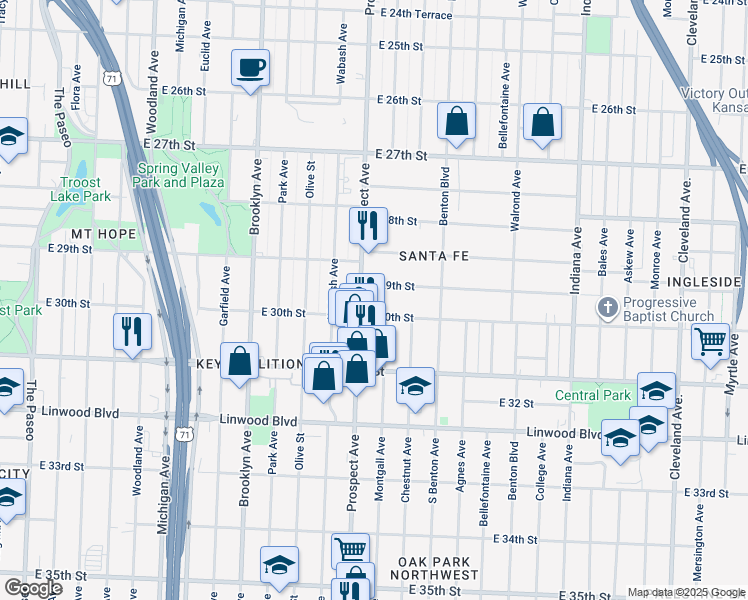map of restaurants, bars, coffee shops, grocery stores, and more near 2608 East 30th Street in Kansas City