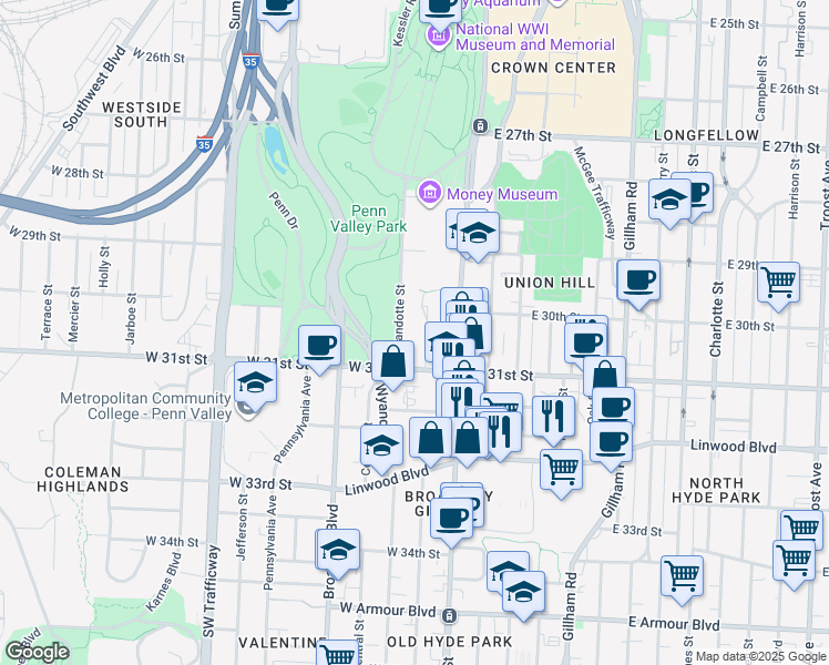map of restaurants, bars, coffee shops, grocery stores, and more near 3030 Baltimore Avenue in Kansas City
