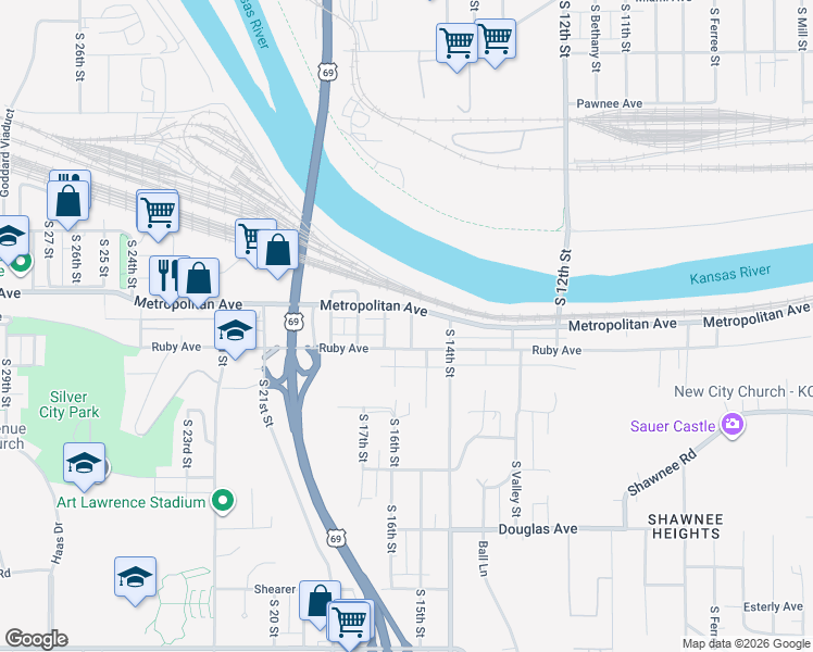 map of restaurants, bars, coffee shops, grocery stores, and more near 1521 South 15th Street in Kansas City