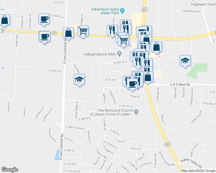 map of restaurants, bars, coffee shops, grocery stores, and more near 16500B East Gudgell Road in Independence