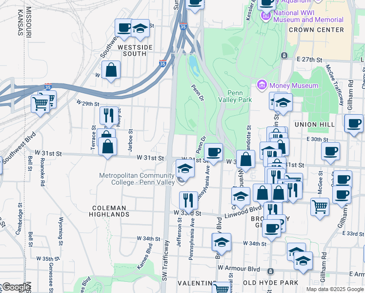 map of restaurants, bars, coffee shops, grocery stores, and more near 700 West 31st Street in Kansas City