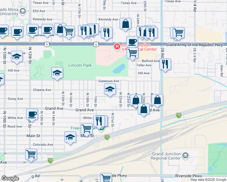 map of restaurants, bars, coffee shops, grocery stores, and more near 2130 East Ouray Avenue in Grand Junction