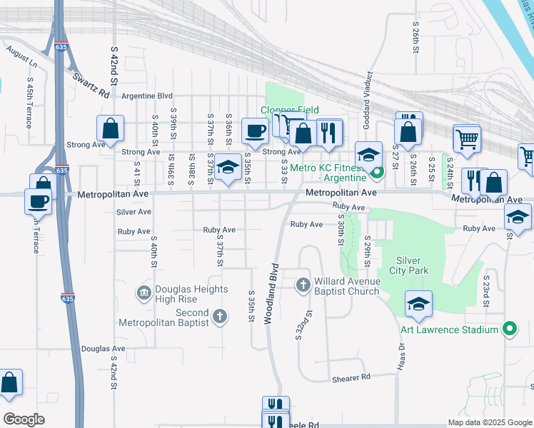 map of restaurants, bars, coffee shops, grocery stores, and more near 3403 Silver Avenue in Kansas City