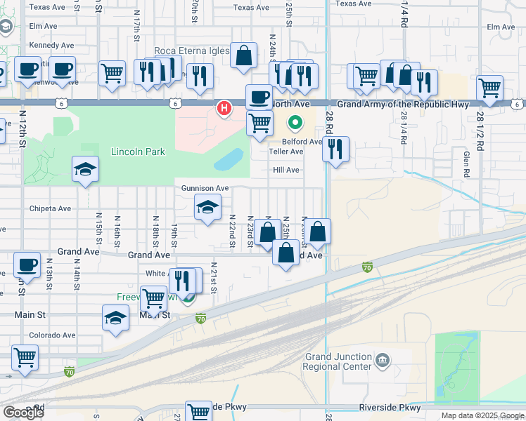 map of restaurants, bars, coffee shops, grocery stores, and more near 537 North 24th Street in Grand Junction