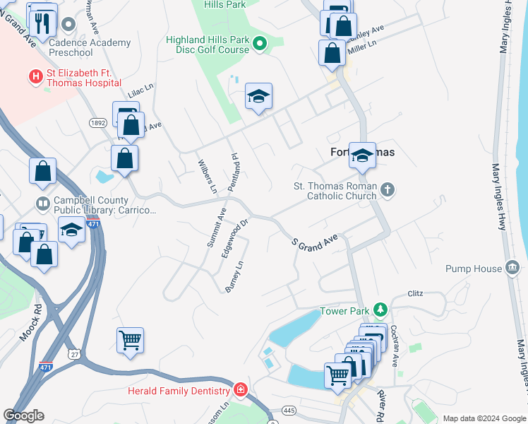 map of restaurants, bars, coffee shops, grocery stores, and more near 460 South Grand Avenue in Fort Thomas