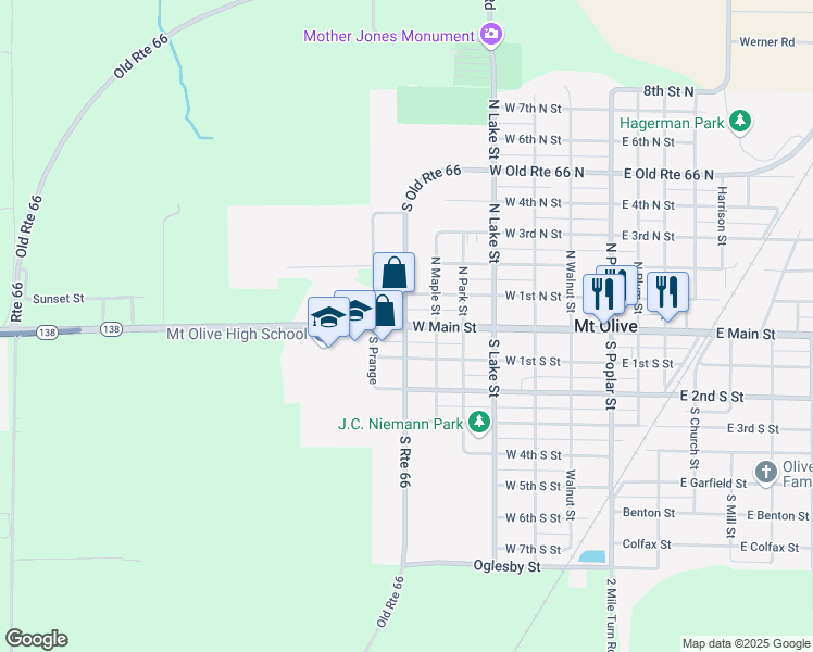 map of restaurants, bars, coffee shops, grocery stores, and more near 804 West Main Street in Mount Olive