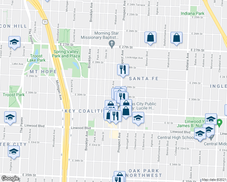 map of restaurants, bars, coffee shops, grocery stores, and more near 2931 Wabash Ave in Kansas City