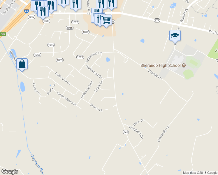 map of restaurants, bars, coffee shops, grocery stores, and more near 109 Twigg Court in Stephens City