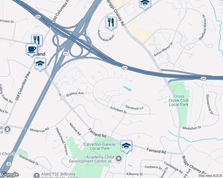 map of restaurants, bars, coffee shops, grocery stores, and more near 13212 Musicmaster Drive in Silver Spring