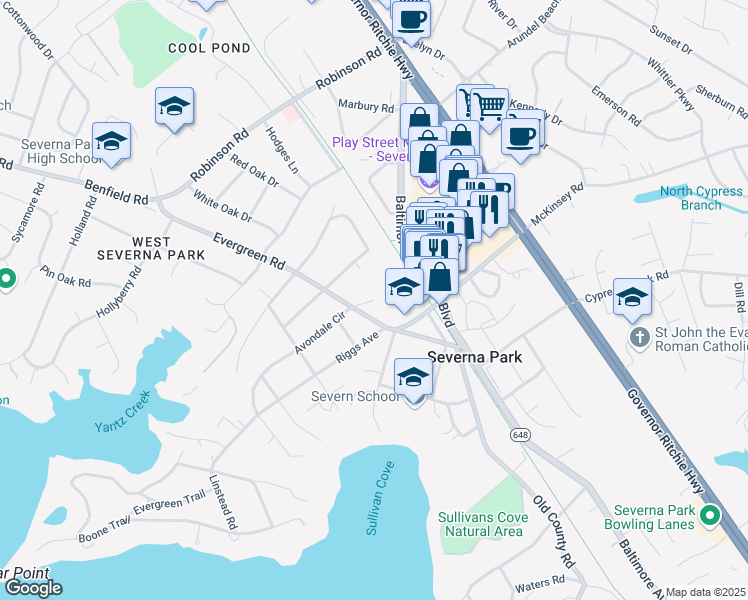 map of restaurants, bars, coffee shops, grocery stores, and more near 2 Avondale Circle in Severna Park