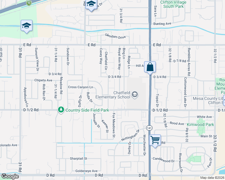 map of restaurants, bars, coffee shops, grocery stores, and more near 3168 Klover Lee Court in Grand Junction