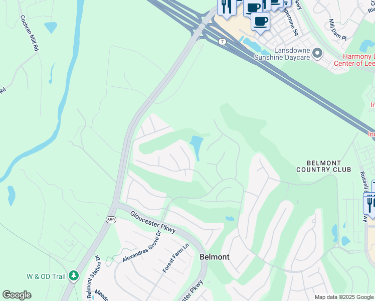 map of restaurants, bars, coffee shops, grocery stores, and more near 19662 Olympic Club Court in Ashburn