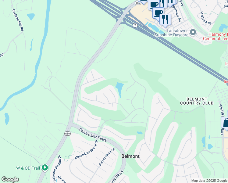 map of restaurants, bars, coffee shops, grocery stores, and more near 19662 Olympic Club Court in Ashburn