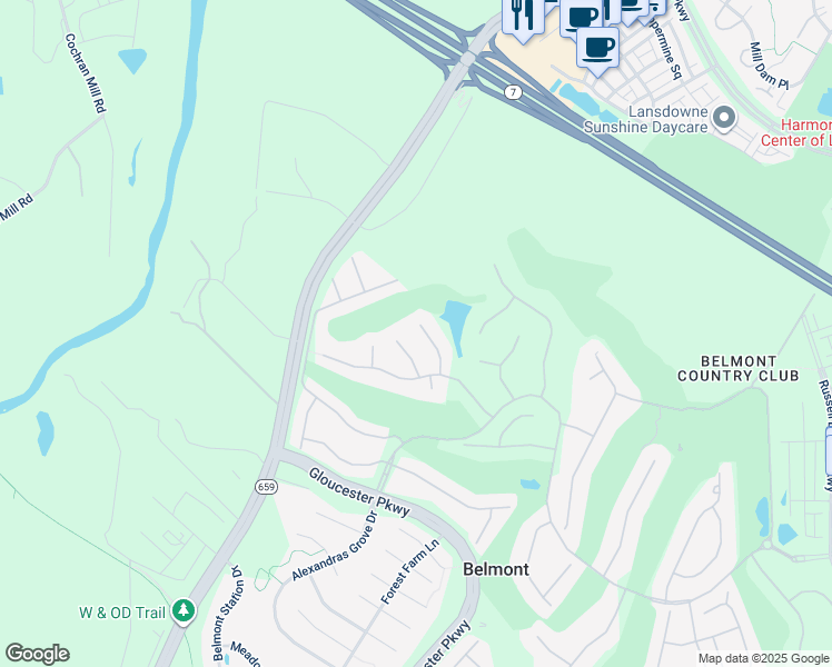 map of restaurants, bars, coffee shops, grocery stores, and more near 19655 Olympic Club Court in Ashburn