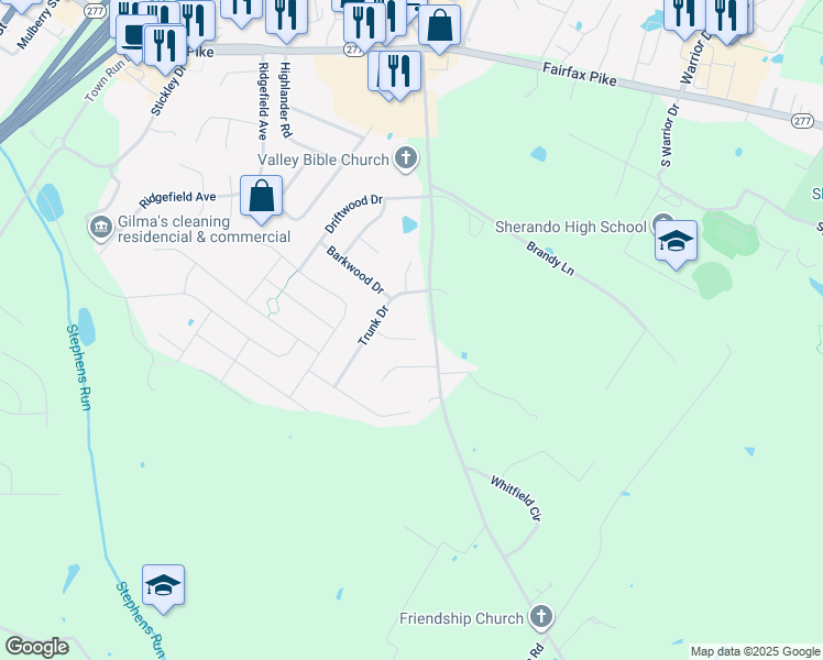 map of restaurants, bars, coffee shops, grocery stores, and more near 109 Twigg Court in Stephens City
