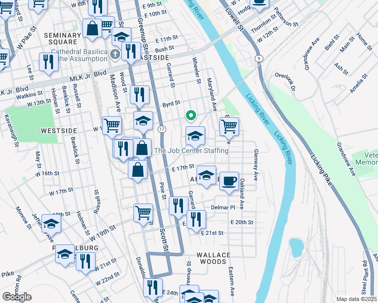 map of restaurants, bars, coffee shops, grocery stores, and more near 310 East 16th Street in Covington