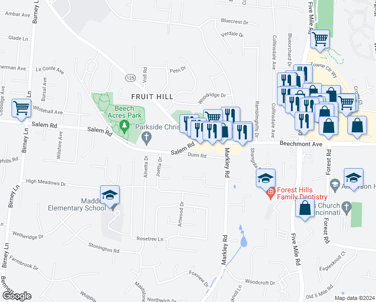 map of restaurants, bars, coffee shops, grocery stores, and more near 7117 Dunn Road in Cincinnati
