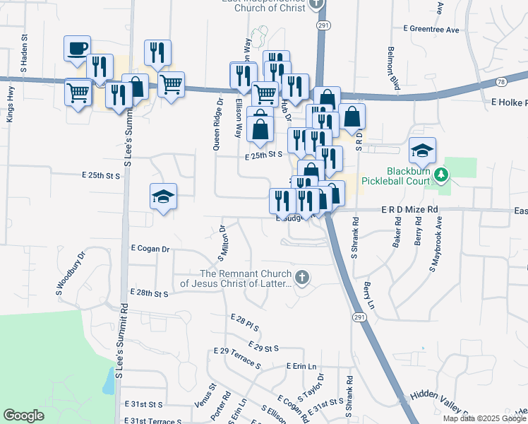 map of restaurants, bars, coffee shops, grocery stores, and more near 16609 East Gudgell Road in Independence