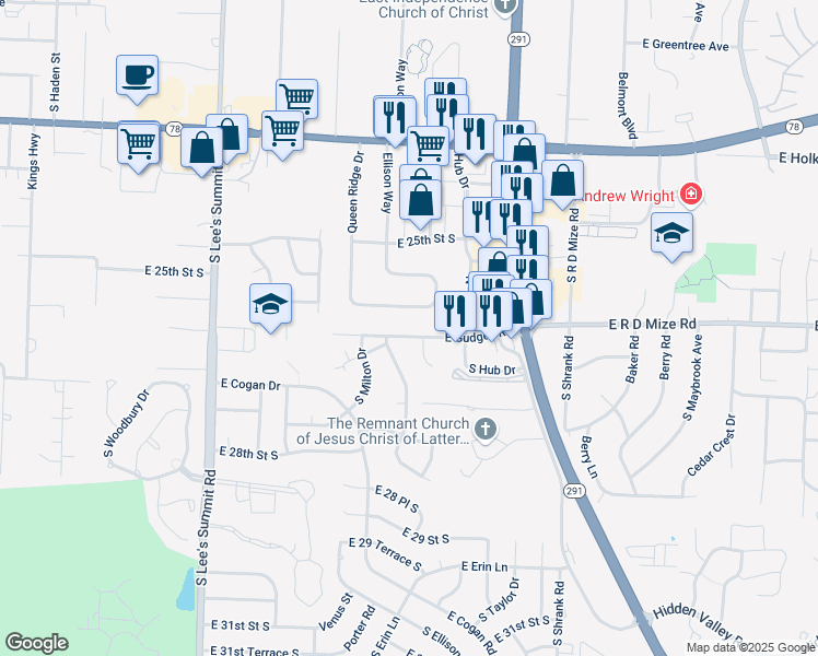 map of restaurants, bars, coffee shops, grocery stores, and more near 16609 East Gudgell Road in Independence