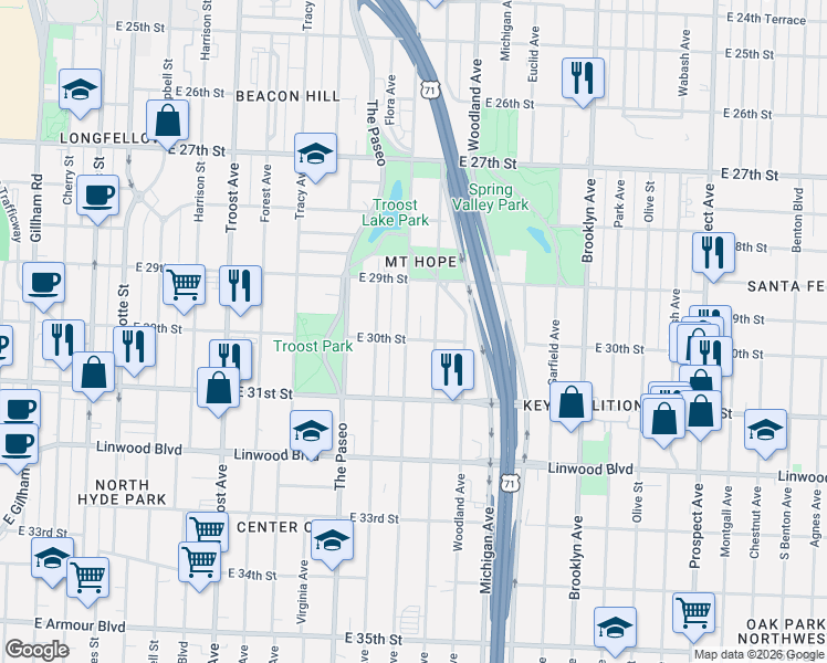 map of restaurants, bars, coffee shops, grocery stores, and more near 3000 Wayne Avenue in Kansas City