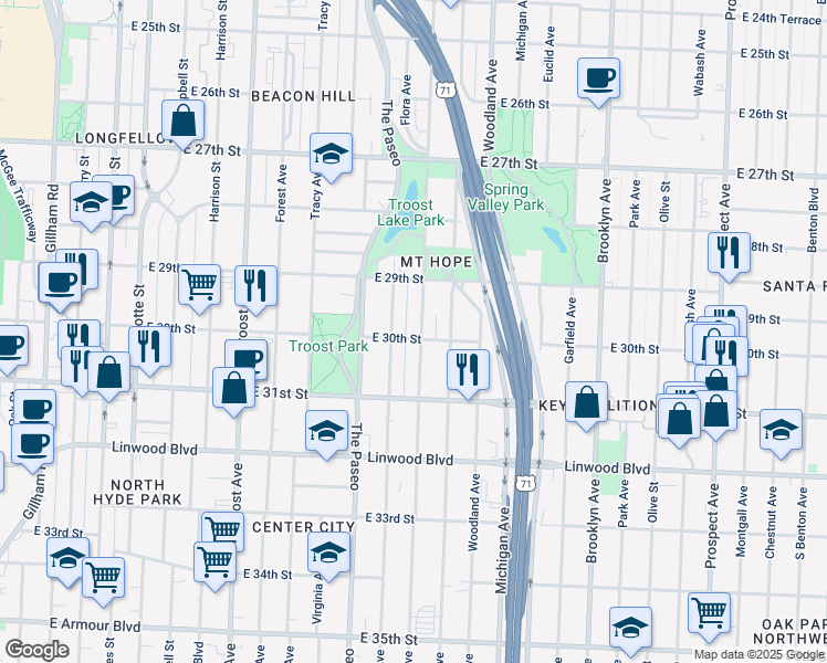 map of restaurants, bars, coffee shops, grocery stores, and more near 3000 Wayne Avenue in Kansas City