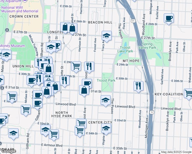 map of restaurants, bars, coffee shops, grocery stores, and more near 3000 Tracy Avenue in Kansas City