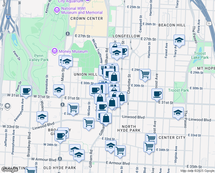 map of restaurants, bars, coffee shops, grocery stores, and more near 3012 Cherry Street in Kansas City