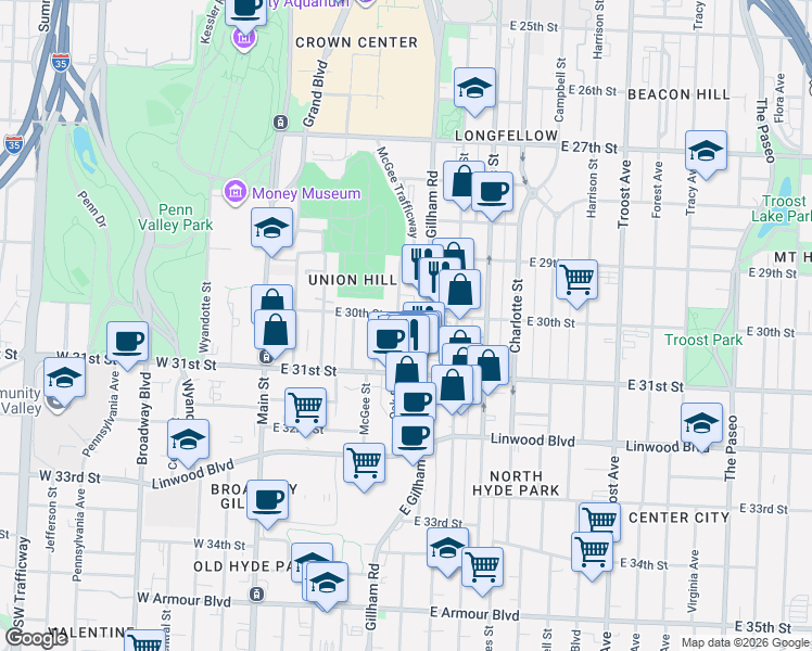 map of restaurants, bars, coffee shops, grocery stores, and more near 3015 Oak Street in Kansas City