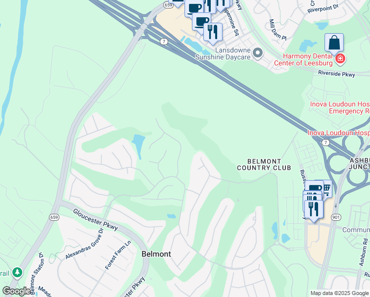 map of restaurants, bars, coffee shops, grocery stores, and more near 19634 Saratoga Springs Place in Ashburn