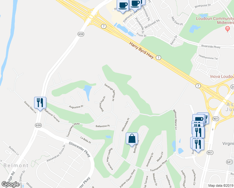 map of restaurants, bars, coffee shops, grocery stores, and more near 19634 Saratoga Springs Place in Ashburn