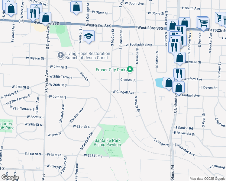 map of restaurants, bars, coffee shops, grocery stores, and more near 1619 South McCoy Street in Independence