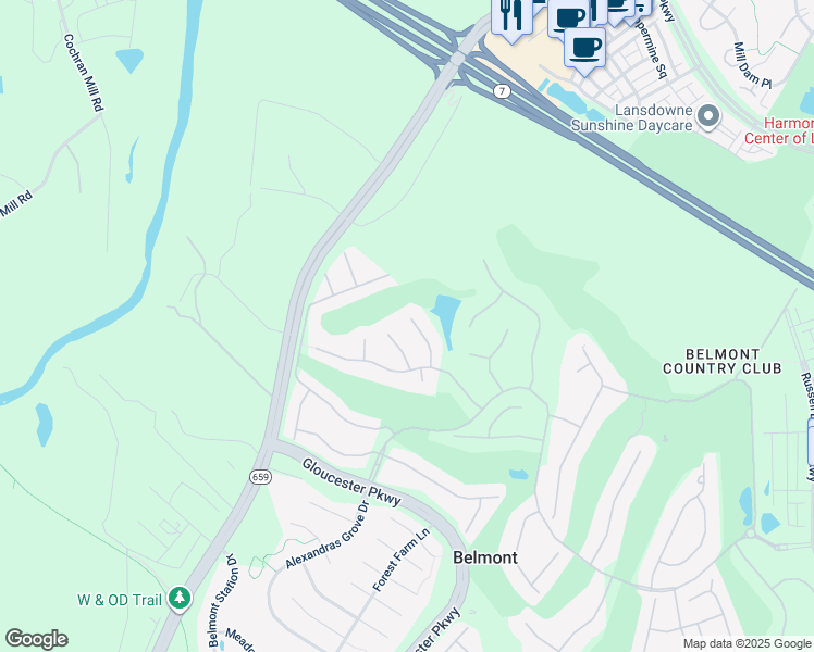 map of restaurants, bars, coffee shops, grocery stores, and more near 19655 Olympic Club Court in Ashburn