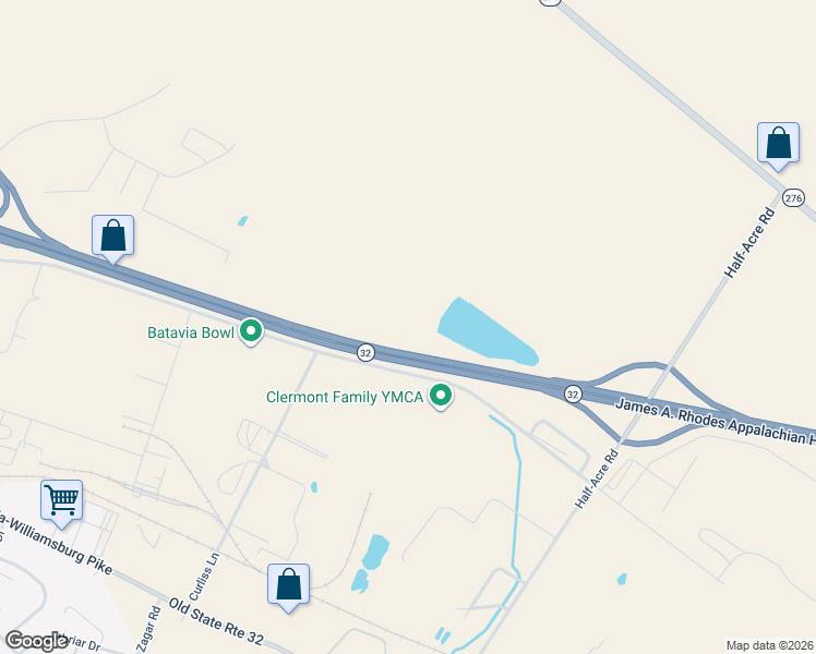 map of restaurants, bars, coffee shops, grocery stores, and more near James A. Rhodes Appalachian Highway in Batavia