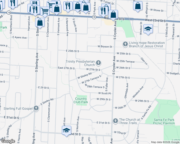 map of restaurants, bars, coffee shops, grocery stores, and more near 1506 West Sheley Road in Independence