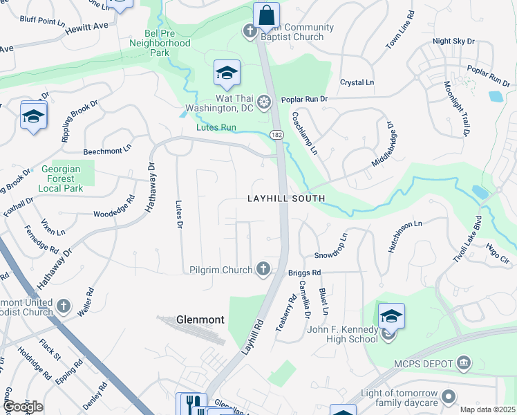 map of restaurants, bars, coffee shops, grocery stores, and more near 13118 Layhill Road in Silver Spring