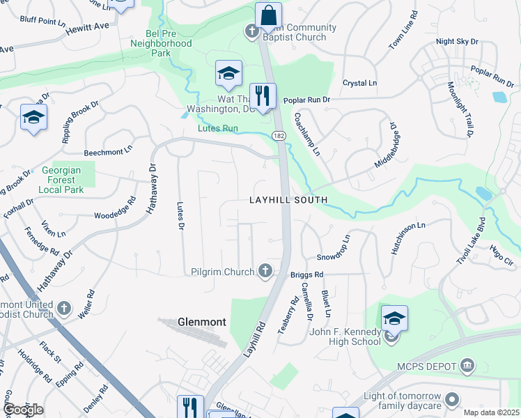 map of restaurants, bars, coffee shops, grocery stores, and more near 13118 Layhill Road in Silver Spring