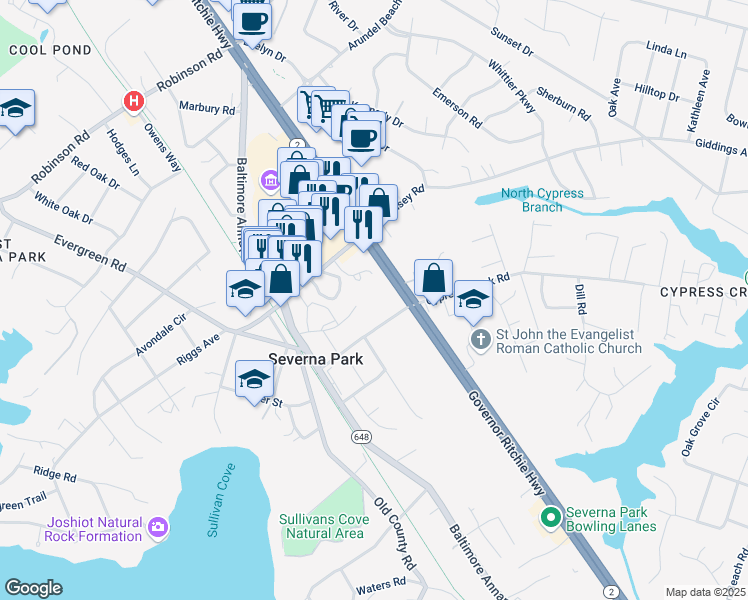 map of restaurants, bars, coffee shops, grocery stores, and more near 43 West McKinsey Road in Severna Park