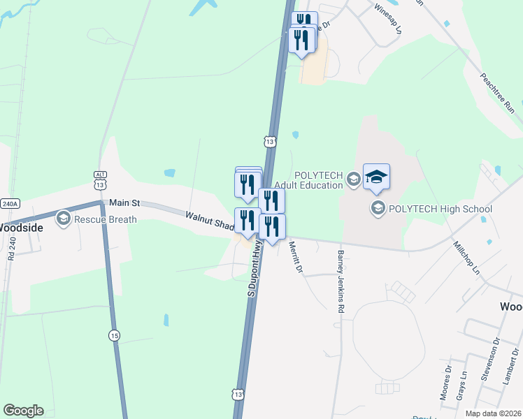 map of restaurants, bars, coffee shops, grocery stores, and more near 5504 South Dupont Highway in Dover