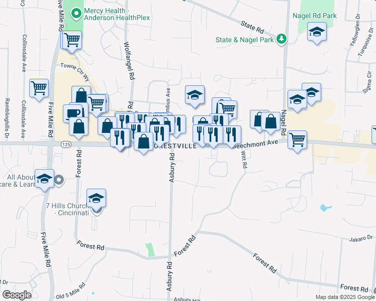 map of restaurants, bars, coffee shops, grocery stores, and more near 7815 Beechmont Ave in Cincinnati