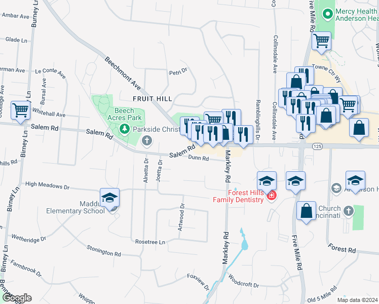 map of restaurants, bars, coffee shops, grocery stores, and more near 7117 Dunn Road in Cincinnati