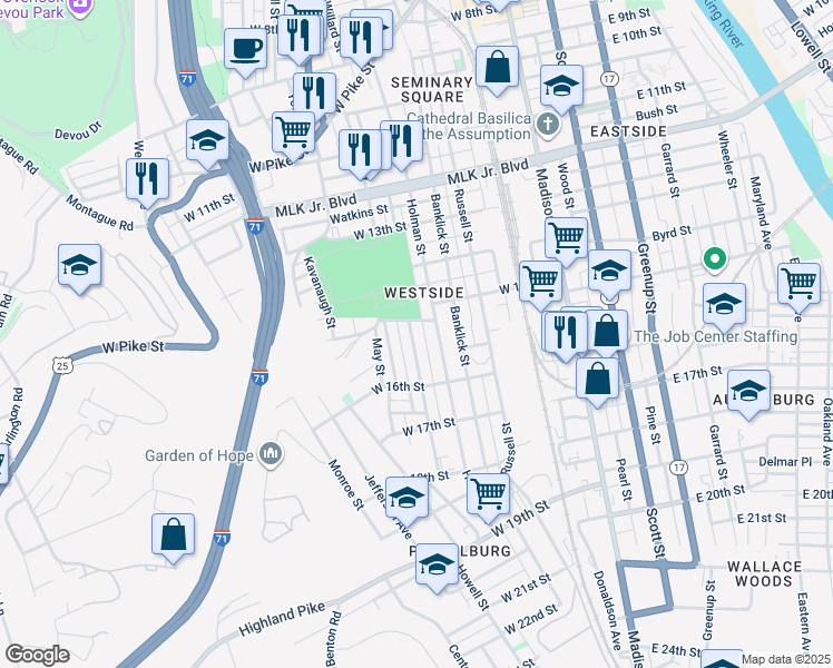 map of restaurants, bars, coffee shops, grocery stores, and more near 1526 Woodburn Avenue in Covington