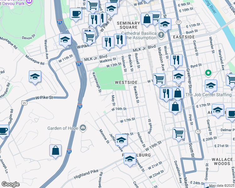 map of restaurants, bars, coffee shops, grocery stores, and more near 1523 Saint Clair Street in Covington