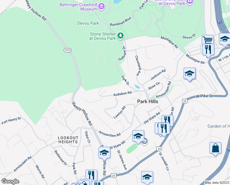 map of restaurants, bars, coffee shops, grocery stores, and more near 1203 Audubon Road in Park Hills