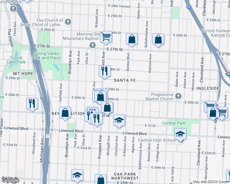 map of restaurants, bars, coffee shops, grocery stores, and more near 2712 East 30th Street in Kansas City