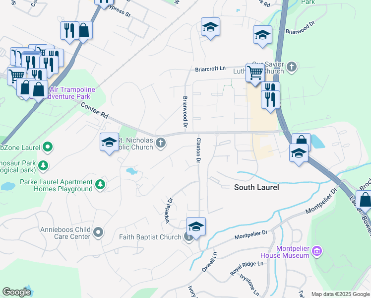map of restaurants, bars, coffee shops, grocery stores, and more near 8613 Portsmouth Drive in Laurel