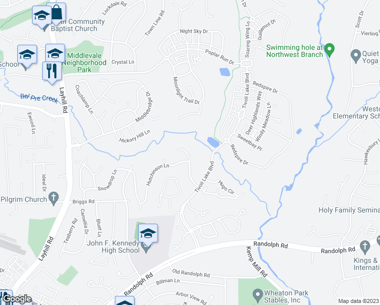 map of restaurants, bars, coffee shops, grocery stores, and more near 13229 Osterport Drive in Silver Spring