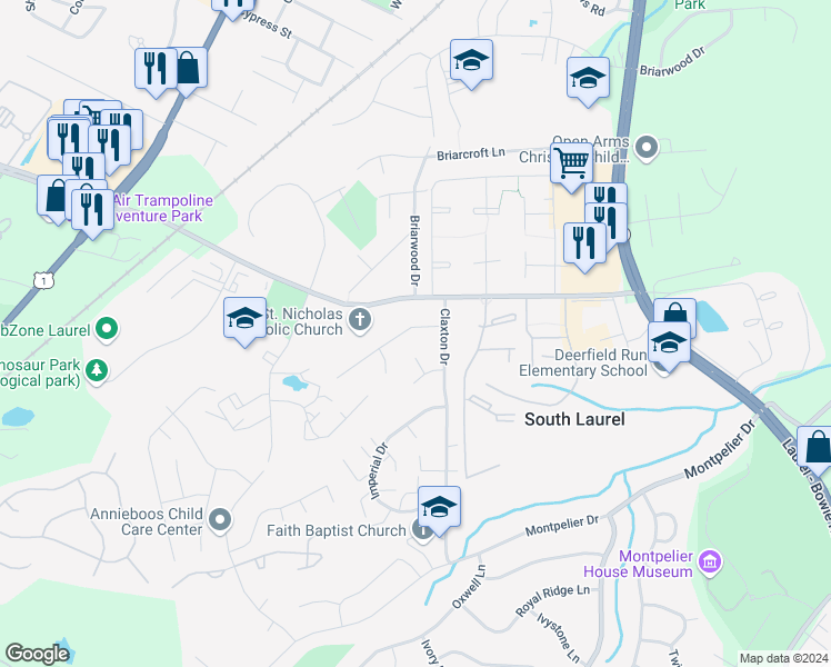 map of restaurants, bars, coffee shops, grocery stores, and more near 8613 Portsmouth Drive in Laurel