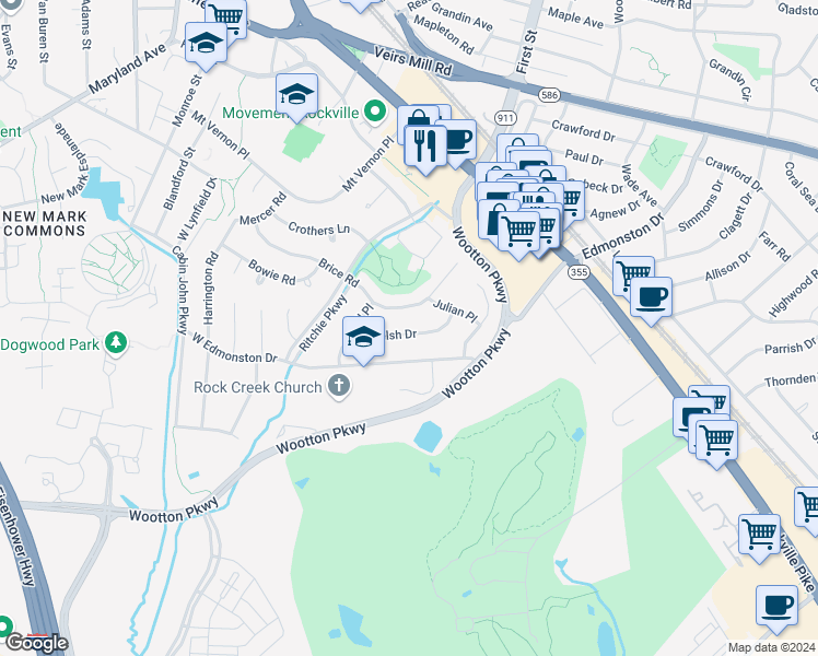 map of restaurants, bars, coffee shops, grocery stores, and more near 1030 Welsh Drive in Rockville